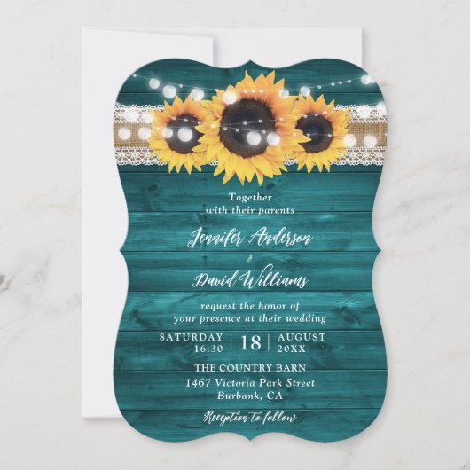 Invitation Teal Sunflower Wood Burlap String Lights Wedding (Devant)