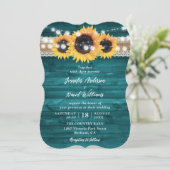 Invitation Teal Sunflower Wood Burlap String Lights Wedding (Debout devant)