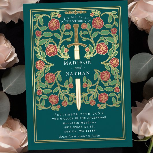 Invitation Teal Sword Floral Medieval Fantasy Wedding