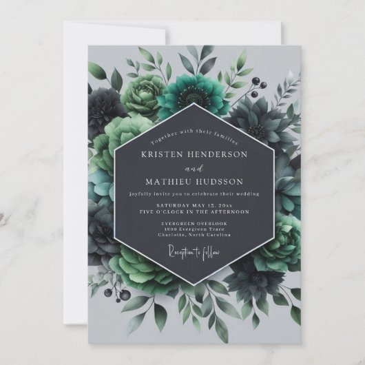 Invitation Teal Verdant Flora Wedding (Devant)