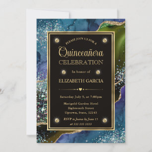 Invitation Teal, vert et or paillettes Agate Quinceanera