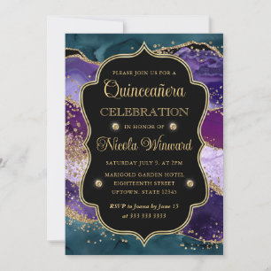 Invitation Teal, Violet et Paillettes d'Or Agate Quinceanera