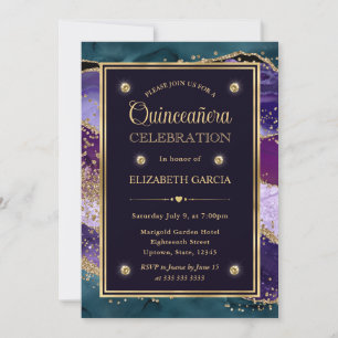 Invitation Teal, Violet et Paillettes d'Or Agate Quinceanera