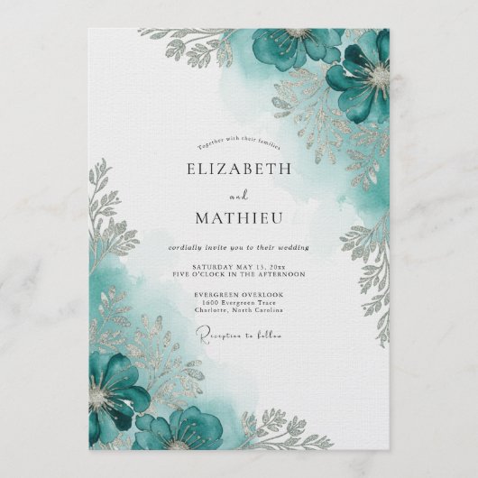 Invitation Teal Watercolor Bloom Wedding (Devant)