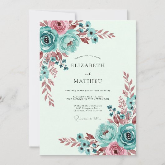Invitation Teal Whimsical Botanical Spring Wedding (Devant)