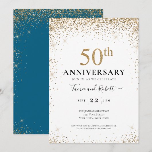 Invitation Teal White Gold 50th Wedding Anniversary (Devant / Derrière)