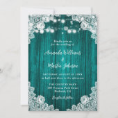 Invitation Teal Wood Floral Lace String Lights Rustic Wedding (Devant)