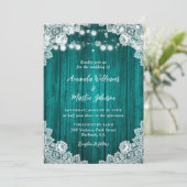 Invitation Teal Wood Floral Lace String Lights Rustic Wedding (Debout devant)
