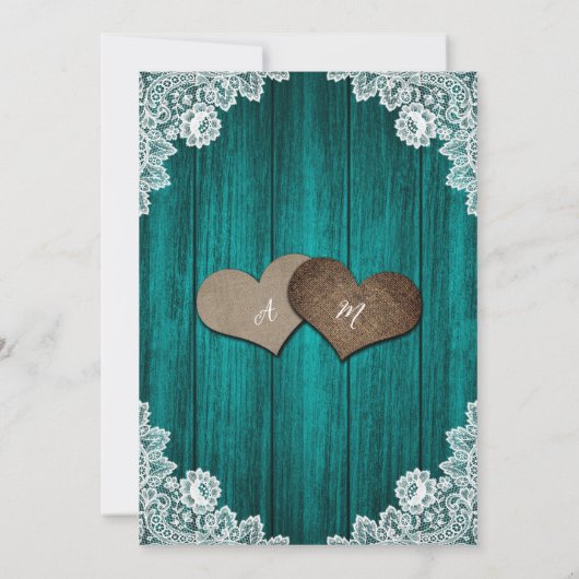 Invitation Teal Wood Floral Lace String Lights Rustic Wedding (Dos)