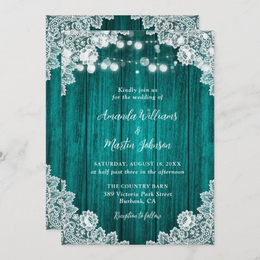 Invitation Teal Wood Floral Lace String Lights Rustic Wedding (Devant / Derrière)
