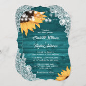Invitation Teal Wood Lace String Lights Sunflower Wedding (Devant / Derrière)