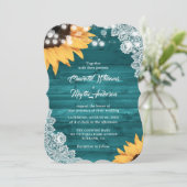 Invitation Teal Wood Lace String Lights Sunflower Wedding (Debout devant)