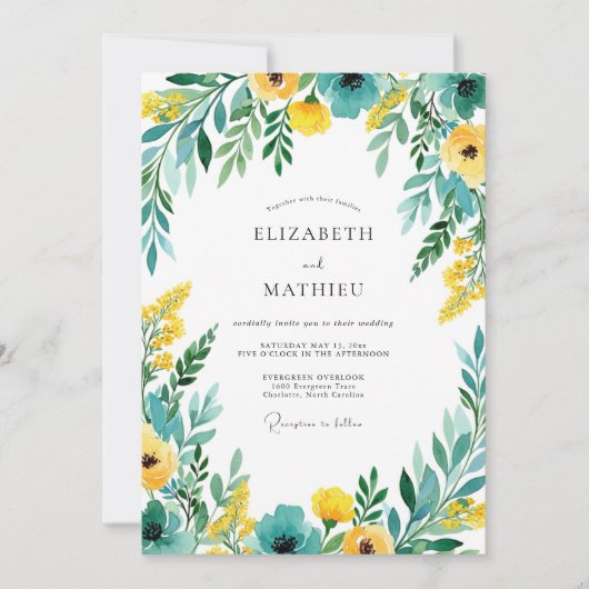 Invitation Teal Yellow Blooming Romance Wedding (Devant)
