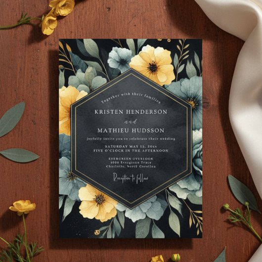 Invitation Teal Yellow Botanical Romance Wedding