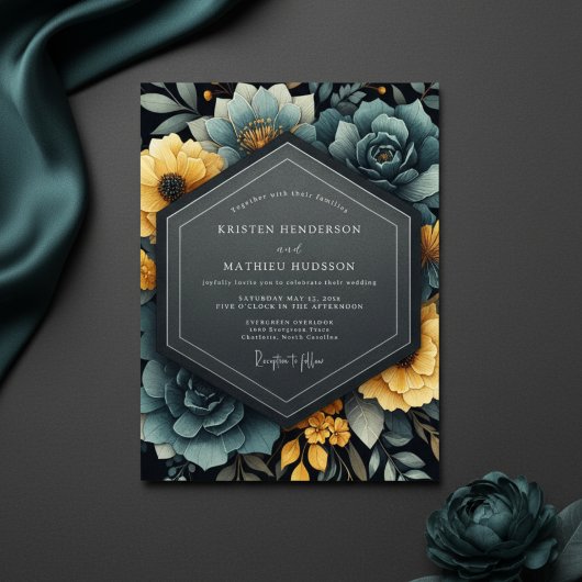 Invitation Teal Yellow Floral Bloom Wedding