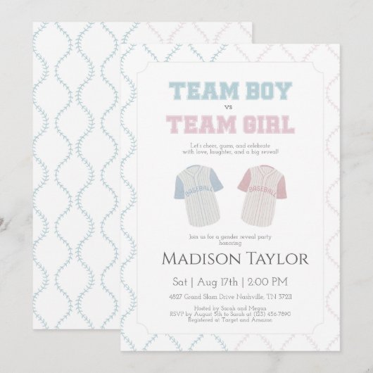 Invitation Team Boy vs Team Girl Baseball Gender Reveal  (Devant / Derrière)