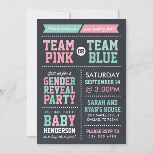 Invitation Team Pink ou Team Blue Chalkboard (Devant)