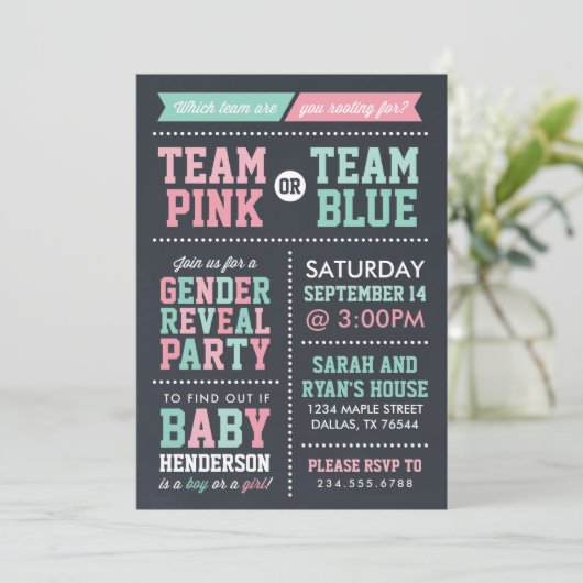 Invitation Team Pink ou Team Blue Chalkboard (Debout devant)