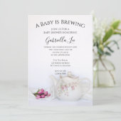 Invitation Teapot avec roses roses roses Bébé brasse douche (Debout devant)