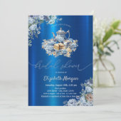 Invitation Teapot bleu Baby shower métallique bleu floral (Debout devant)