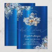 Invitation Teapot bleu Baby shower métallique bleu floral (Devant / Derrière)
