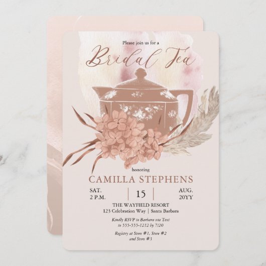 Invitation Teapot Boho | Hydrangeas | Thé nuptial en herbe Pa (Devant / Derrière)
