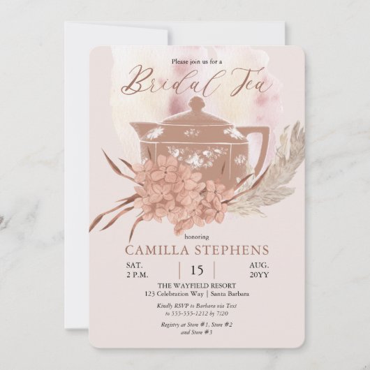 Invitation Teapot Boho | Hydrangeas | Thé nuptial en herbe Pa (Devant)