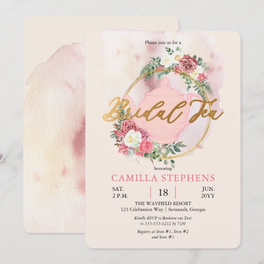 Invitation Teapot Boho | Rose Rose Wreath Bridal Tea Douche (Devant / Derrière)