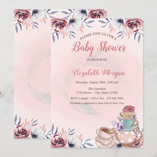 Invitation Teapot Cute Floral Tea Party Baby shower (Devant / Derrière)