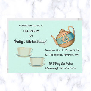 Invitation Teapot et Teapups Fête du Thé d'Anniversaire