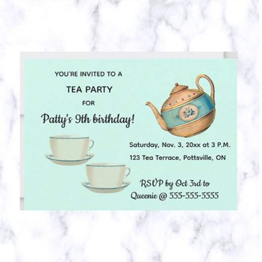 Invitation Teapot et Teapups Fête du Thé d'Anniversaire