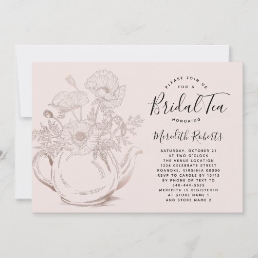 Invitation Teapot Floral rose Or Blush Pink Bridal Tea (Devant)