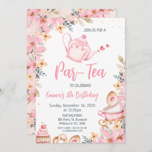 Invitation Teapot rose Fleur Tea Party (Devant / Derrière)