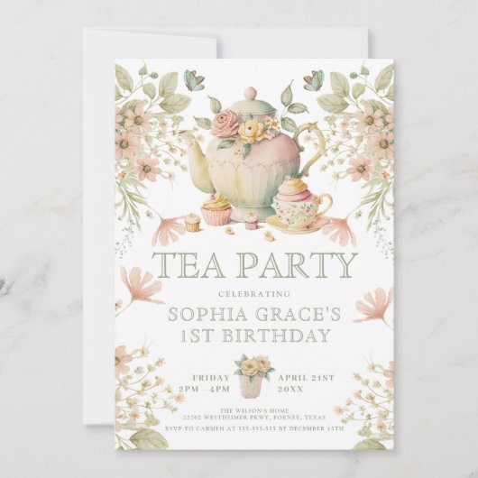 Invitation Teapot & tasses de thé Whimsical Fleurs sauvages A (Devant)