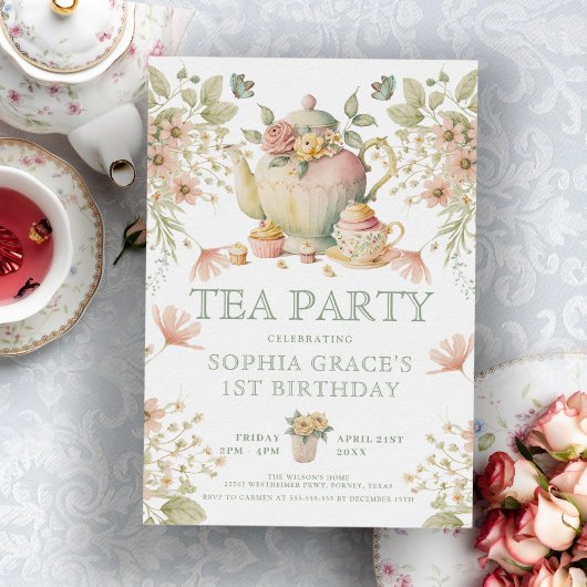 Invitation Teapot & tasses de thé Whimsical Fleurs sauvages A