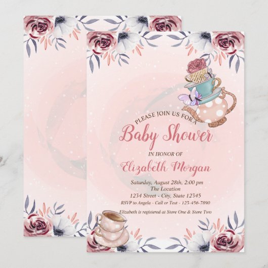 Invitation Teapot Tea cup Floral Tea Party Baby shower (Devant / Derrière)