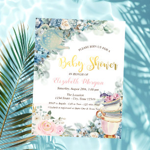 Invitation Teapot Teacup Baby shower Fleurs