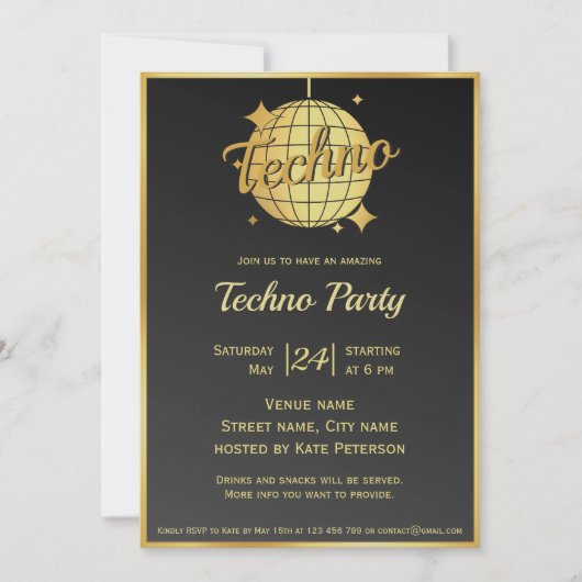 Invitation Techno music à thème or disco ballon (Devant)