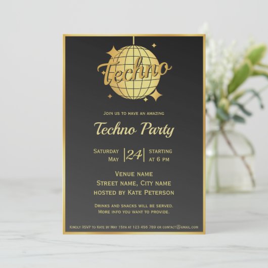 Invitation Techno music à thème or disco ballon (Debout devant)