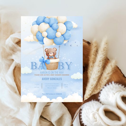Invitation Teddby Bear Balloon Blue Sky Baby Boy Douche