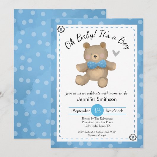 Invitation Teddy Baby shower Ours Oh Baby (Devant / Derrière)