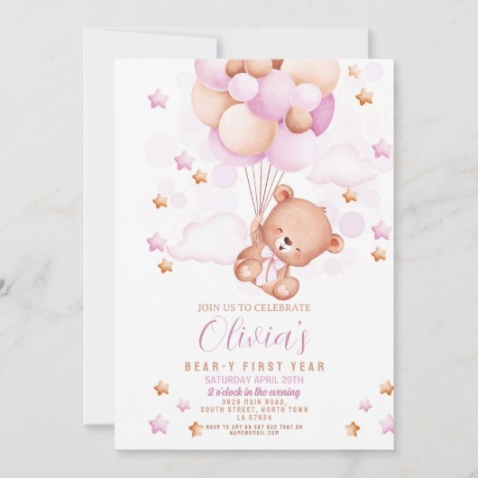 Invitation Teddy Bear 1er Anniversaire Ours First Girls Rose (Devant)