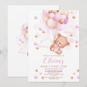 Invitation Teddy Bear 1er Anniversaire Ours First Girls Rose (Devant / Derrière)