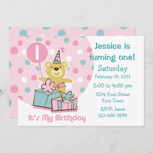 Invitation Teddy Bear 1er Birthday (Devant / Derrière)