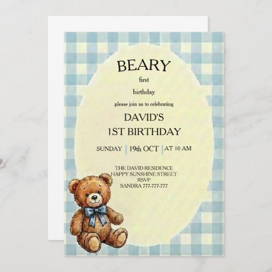 Invitation Teddy Bear 1st Birthday (Devant / Derrière)