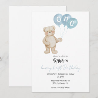 Invitation Teddy Bear 1st Birthday Party for Baby Boy 