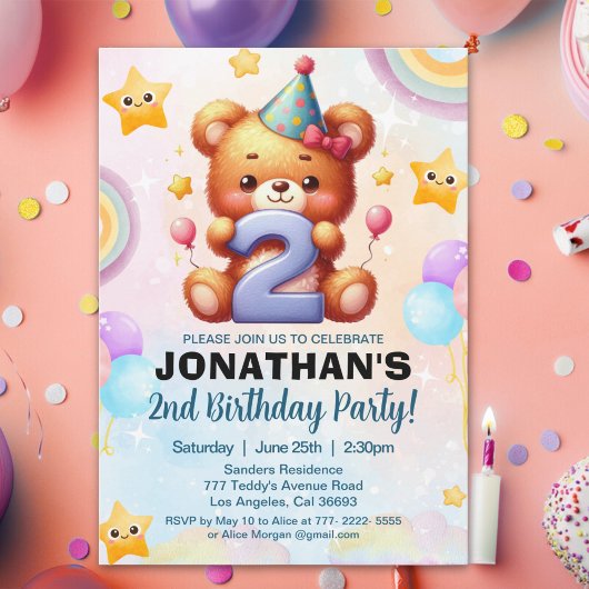 Invitation “Teddy Bear 2nd Birthday | Cute Watercolor Balloon