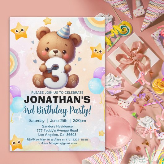Invitation Teddy Bear 3rd Birthday Boy