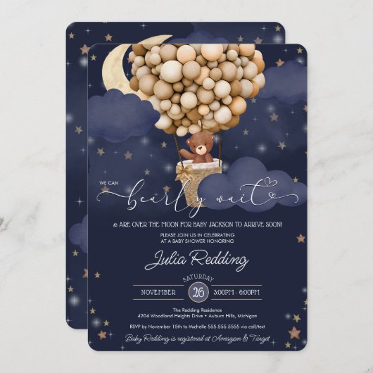 Invitation Teddy Bear Air Ballon Twinkle Star Baby shower (Devant / Derrière)
