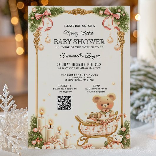 Invitation Teddy Bear and Ribbons Christmas Baby Shower 